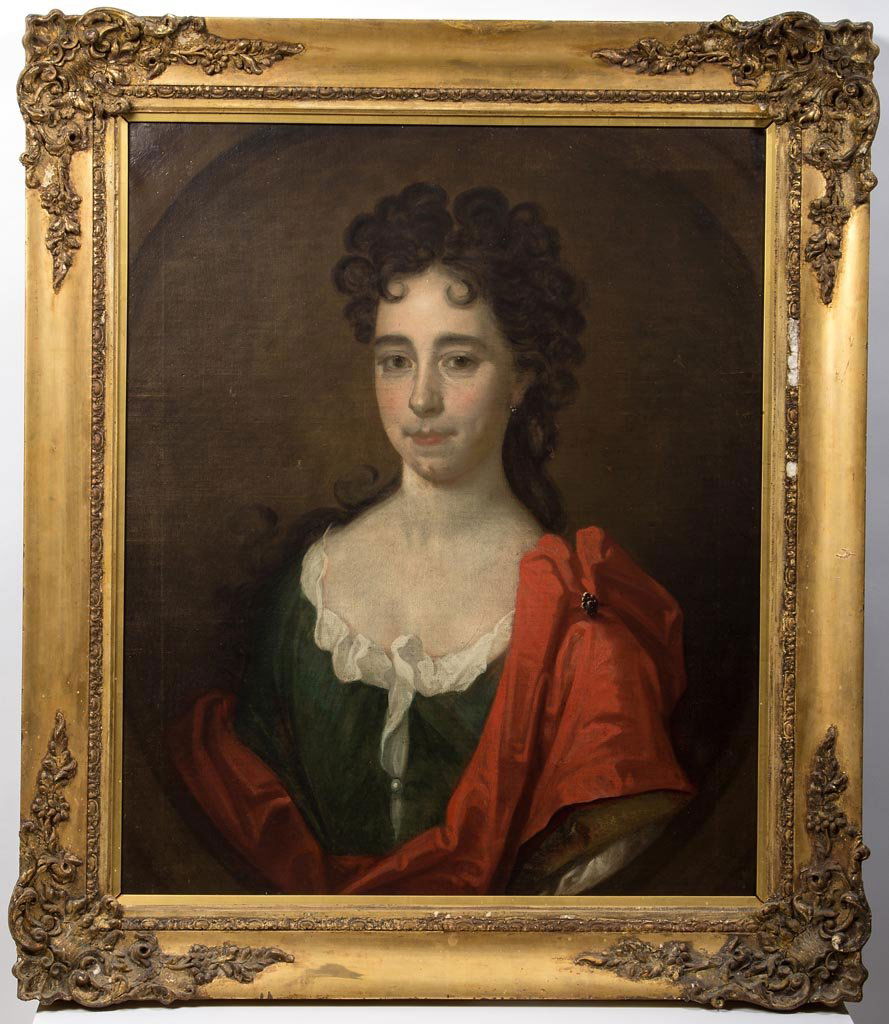 AMERICAN OR BRITISH SCHOOL (18TH / 19TH CENTURY): AMERICAN OR BRITISH SCHOOL (18TH / 19TH CENTURY) PORTRAIT, oil on canvas, depicting a young lady with flowing hair, green dress, and red cape, wearing earrings and a brooch. No signature located. Like