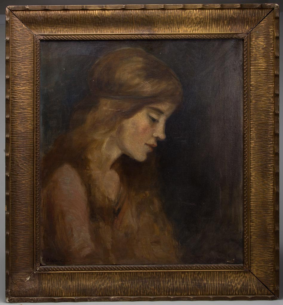 ADELE CLARK (ALABAMA / VIRGINIA, 1882-1983) PORTRAIT OF: ADELE CLARK (ALABAMA / VIRGINIA, 1882-1983) PORTRAIT OF A YOUNG GIRL, "ADELINE", oil on canvas, an evocative profile view of a pensive girl in pink gown with flowing hair draped over her shoulders. Si