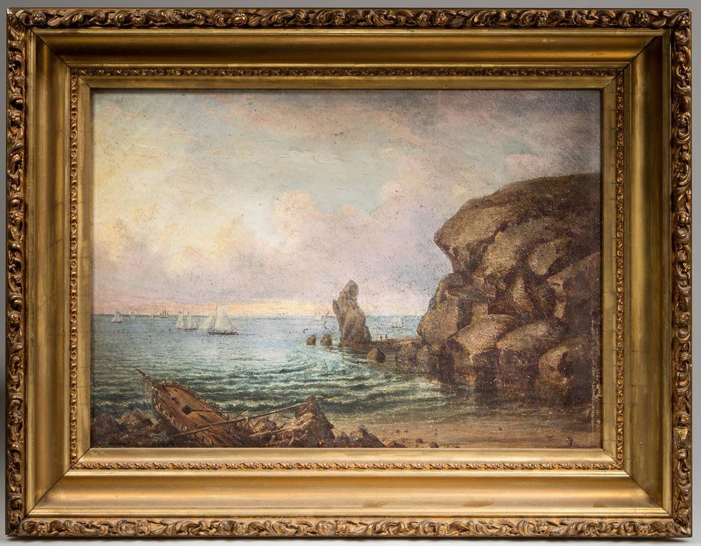 JOHN WHITE ALLEN SCOTT (MASSACHUSETTS, 1815-1907): JOHN WHITE ALLEN SCOTT (MASSACHUSETTS, 1815-1907) COASTAL SCENE PAINTING, oil on canvas, a luminous composition featuring numerous craft upon tranquil waters framed by a rocky promontory and remains o