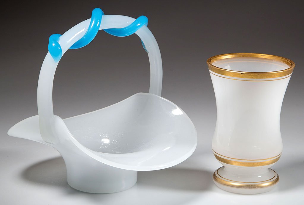 EUROPEAN OPALINE ARTICLES, LOT OF TWO: EUROPEAN OPALINE ARTICLES, LOT OF TWO, comprising a basket with light blue snake entwined around handle and a footed beaker/flower stand with gilt decoration, each with polished pontil mark. Second ha