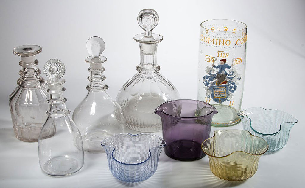 ASSORTED BLOWN AND OTHER GLASS ARTICLES, LOT OF NINE: ASSORTED BLOWN AND OTHER GLASS ARTICLES, LOT OF NINE, including four decanters with applied neck rings, three with stoppers, a wine rinser, and three finger bowls. 19th and 20th century. 3" to 11" HOA
