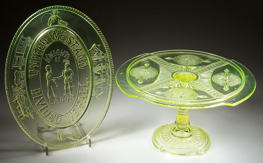 ASSORTED PRESSED TABLE ARTICLES, LOT OF TWO: ASSORTED PRESSED TABLE ARTICLES, LOT OF TWO, vaseline (uranium), comprising a Knights of Labor bread tray, and a Medallion salver/cake stand. Fourth quarter 19th century. 8 3/4" x 11 3/4" and 6" H, pl