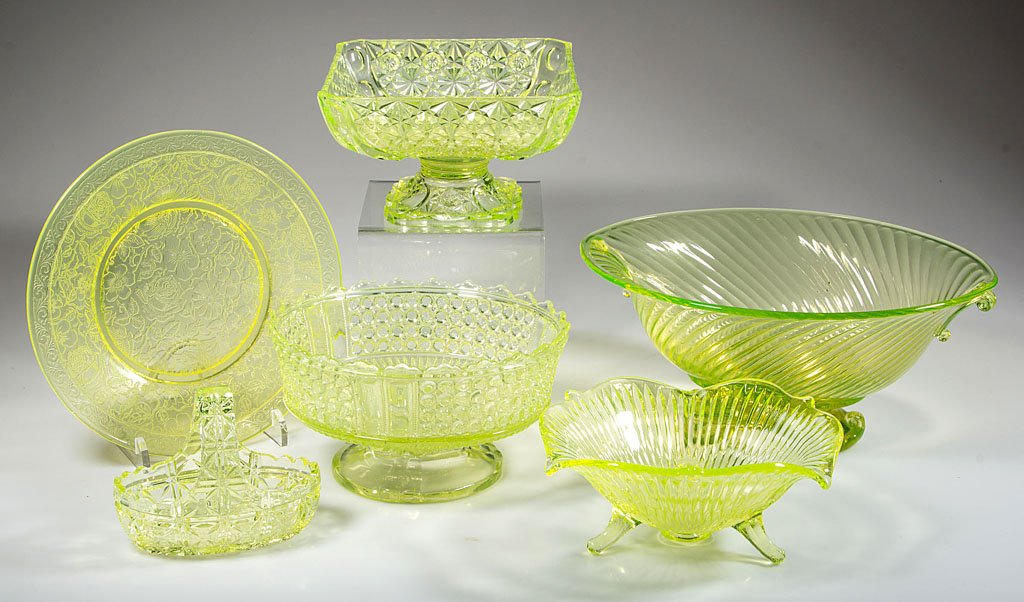ASSORTED PRESSED GLASS ARTICLES, LOT OF SIX: ASSORTED PRESSED GLASS ARTICLES, LOT OF SIX, vaseline (uranium), including a Three Panel footed bowl and a Duncan No. 1003/Maltese basket with "PAT'D APPLIED FOR" in base. Fourth quarter 19th/first qu