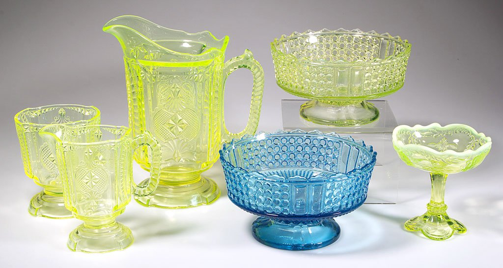 ASSORTED PRESSED GLASS TABLE ARTICLES, LOT OF FIVE: ASSORTED PRESSED GLASS TABLE ARTICLES, LOT OF FIVE, vaseline (uranium), including an opalescent Intaglio jelly compote. Together with a blue Three Panel bowl. Six pieces total. Fourth quarter 19th cen