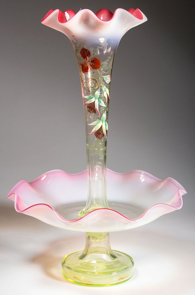 VICTORIAN GLASS EPERGNE: VICTORIAN GLASS EPERGNE, shaded cranberry opalescent to vaseline (uranium)/rubina verde opalescent, ruffled-rim footed bowl fitted with a central trumpet-form vase featuring detailed polychrome-enamel