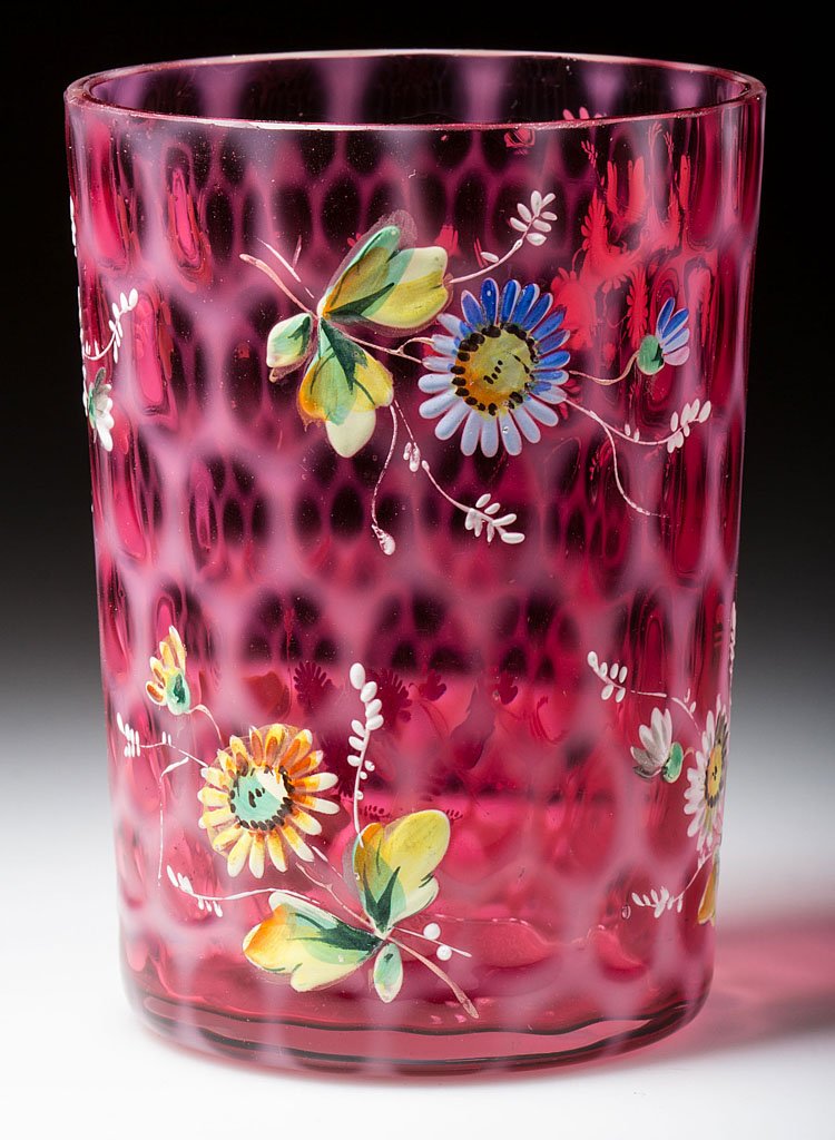 DECORATED HONEYCOMB / BIG WINDOWS / WINDOW-OPTIC: DECORATED HONEYCOMB / BIG WINDOWS / WINDOW-OPTIC TUMBLER, cranberry opalescent with polychrome-enamel daisy decoration, factory polished rim and base. Probably Phoenix Glass Co. Pattern introduced 188