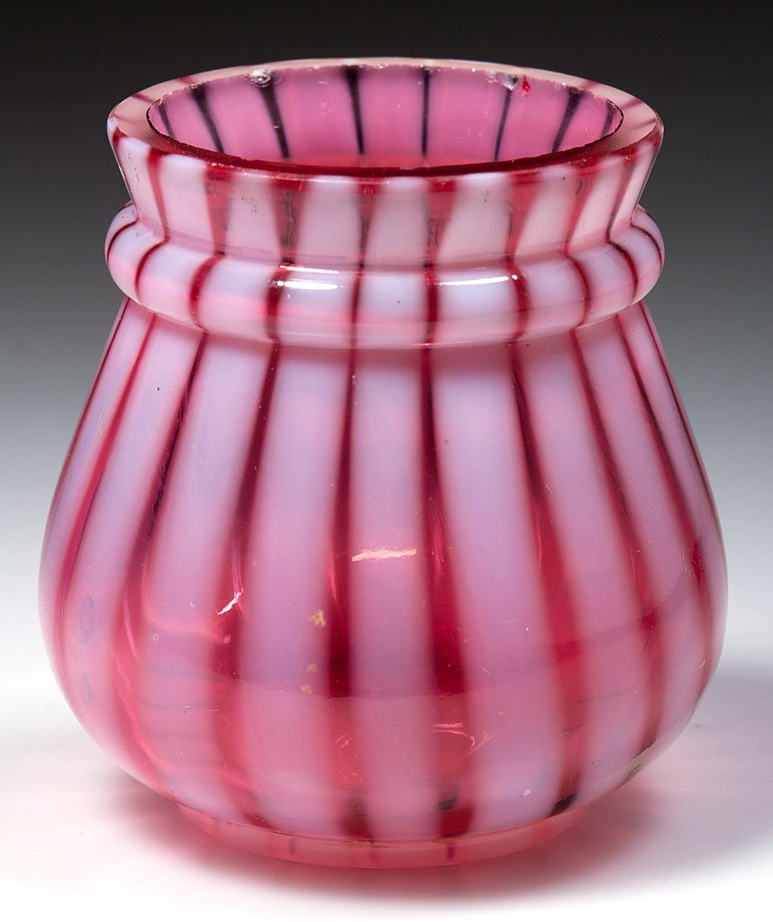 NORTHWOOD NO. 285 / AURORA - OPALESCENT STRIPE: NORTHWOOD NO. 285 / AURORA - OPALESCENT STRIPE TOOTHPICK HOLDER, cranberry opalescent, ring neck mold, factory polished rim. Northwood Glass Co. Pattern introduced 1890. 2 1/8" H. Provenance: From the