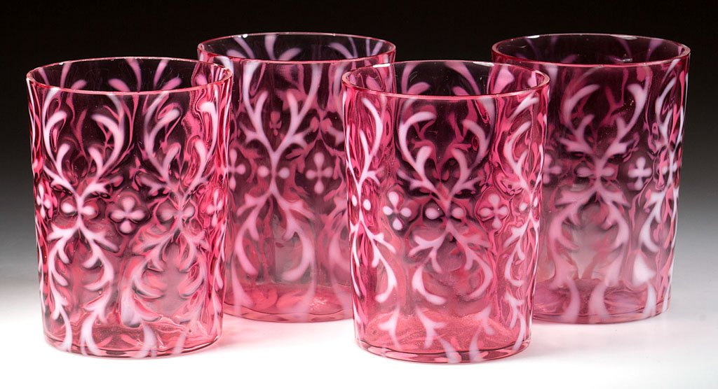 OPALINE BROCADE / SPANISH LACE TUMBLERS, SET OF FOUR: OPALINE BROCADE / SPANISH LACE TUMBLERS, SET OF FOUR, cranberry opalescent, straight sided, factory polished rims. Northwood Glass Co. Pattern introduced 1899. 3 7/8" H. Provenance: From the collectio
