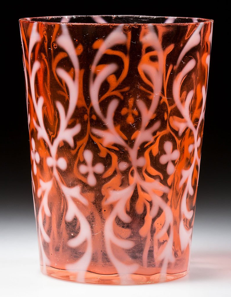 OPALINE BROCADE / SPANISH LACE TUMBLER: OPALINE BROCADE / SPANISH LACE TUMBLER, bittersweet opalescent, tapered form. Northwood Glass Co. Pattern introduced 1899. 3 7/8" H. Provenance: From a New York private collection.