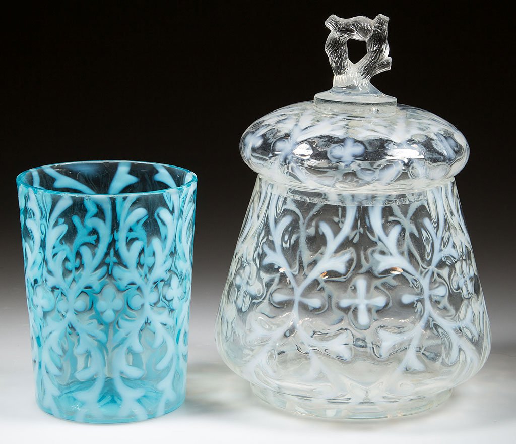 OPALINE BROCADE / SPANISH LACE ARTICLES, LOT OF TWO: OPALINE BROCADE / SPANISH LACE ARTICLES, LOT OF TWO, comprising a colorless opalescent covered sugar bowl, applied pressed figural branch finial; and a blue opalescent tumbler. Northwood Glass Co. Pat