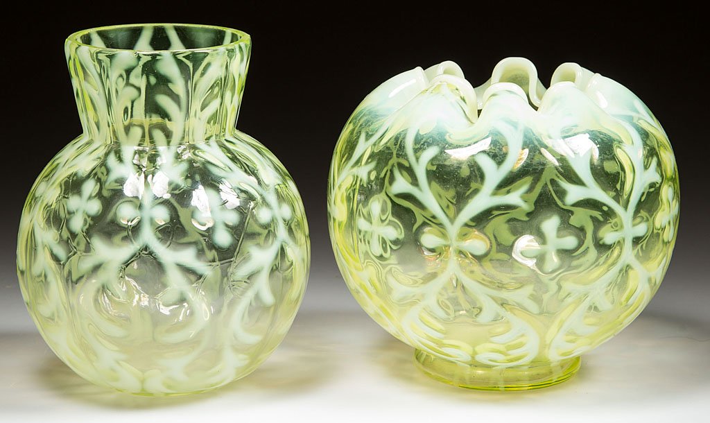 OPALINE BROCADE / SPANISH LACE FLORAL ARTICLES, LOT OF: OPALINE BROCADE / SPANISH LACE FLORAL ARTICLES, LOT OF TWO, vaseline (uranium) opalescent, comprising a ball-form vase with a light melon-form body and an embossed vine flowing to the left, slightly f