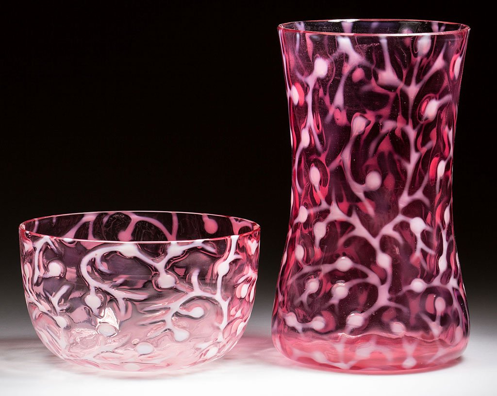 SEAWEED TABLE ARTICLES, LOT OF TWO: SEAWEED TABLE ARTICLES, LOT OF TWO, cranberry opalescent, comprising a celery vase and a finger/waste bowl. Hobbs, Brockunier & Co./Beaumont Glass Co. Pattern introduced 1890. 6 3/8" and 2 5/8" H. Pro