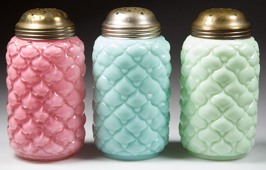 CONE SUGAR SHAKERS, LOT OF THREE: CONE SUGAR SHAKERS, LOT OF THREE, cased pink, opaque light green and light blue, period lids. Consolidated Lamp & Glass Co. Pattern introduced 1894. 5 1/4" HOA.