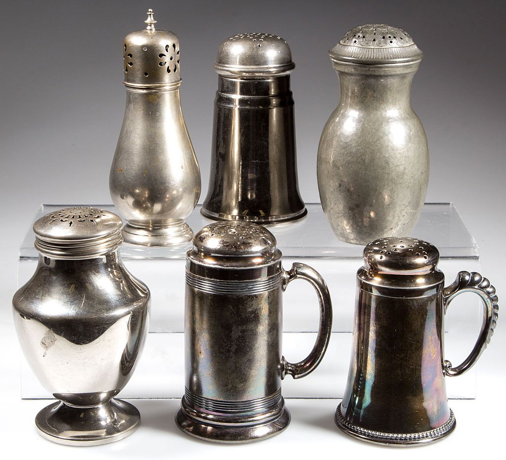 ASSORTED METAL MUFFINEERS AND SUGAR SHAKERS, LOT OF SIX: ASSORTED METAL MUFFINEERS AND SUGAR SHAKERS, LOT OF SIX, comprising five silver-plated examples including a John Wanamaker, Rogers & Bros., Universal, and a pewter example marked "JUST" for Just Ander