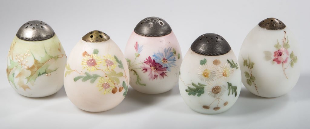 MT. WASHINGTON EGG SALT AND PEPPER SHAKERS, LOT OF FIVE: MT. WASHINGTON EGG SALT AND PEPPER SHAKERS, LOT OF FIVE, opal with various grounds, plush/satin finish, including two Ostrich Egg examples, each with polychrome floral decoration and period lid. Mt. W