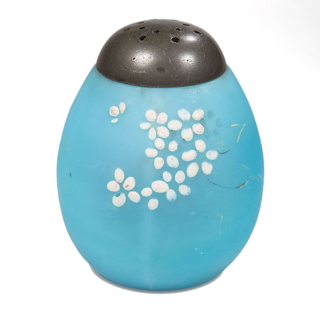 MT. WASHINGTON EGG - FLAT-END SALT SHAKER: MT. WASHINGTON EGG - FLAT-END SALT SHAKER, translucent opalescent to opaque blue, so-called over-fired Burmese, plush/satin finish, simple polychrome floral decoration, period lid. Mt. Washington Glas