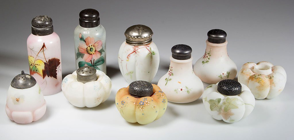 ASSORTED DECORATED OPAL SALT AND PEPPER SHAKERS, LOT OF: ASSORTED DECORATED OPAL SALT AND PEPPER SHAKERS, LOT OF TEN, various grounds, plush/satin and glossy finish, including one fired Burmese, each with polychrome floral decoration, nine with period lid. 