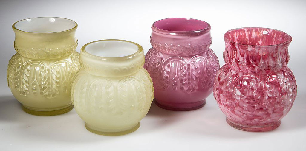 NORTHWOOD NO. 263 / LEAF UMBRELLA TOOTHPICK HOLDERS,: NORTHWOOD NO. 263 / LEAF UMBRELLA TOOTHPICK HOLDERS, LOT OF FOUR, two Topaz/cased yellow (uranium), one glossy finish and the other satin finish, Rose Agate/cranberry with opal spatter, and Rose du Be