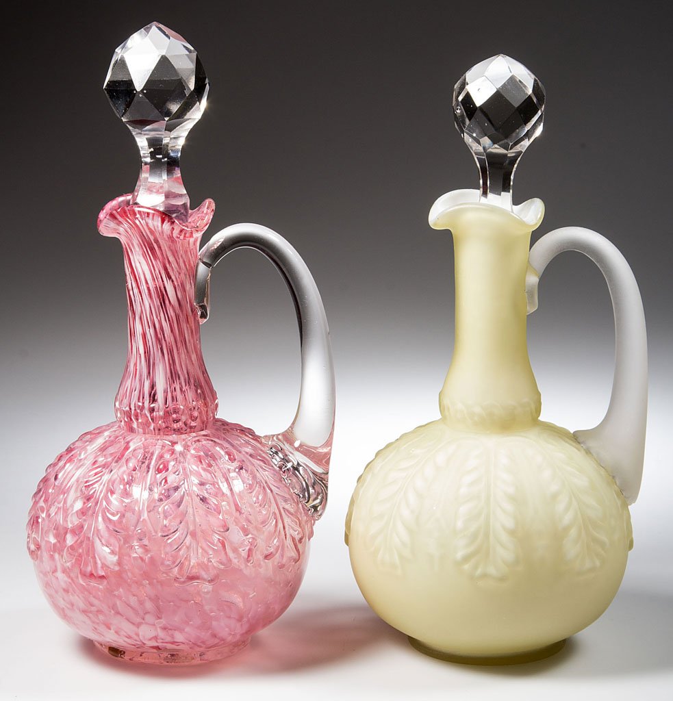 NORTHWOOD NO. 263 / LEAF UMBRELLA CRUETS, LOT OF TWO: NORTHWOOD NO. 263 / LEAF UMBRELLA CRUETS, LOT OF TWO, Topaz/cased lemon satin (uranium) and Rose Agate/cranberry with opal spatter, each with applied colorless handle and appropriate cut-faceted stopp