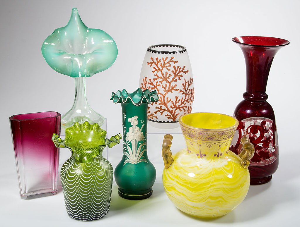 ASSORTED VICTORIAN GLASS ARTICLES, LOT OF SEVEN: ASSORTED VICTORIAN GLASS ARTICLES, LOT OF SEVEN, including a rubina Moser-style spa glass engraved "Karlsbad", a pale green opalescent Jack-in-the-Pulpit vase, Mary Gregory (so called), loop-decorated