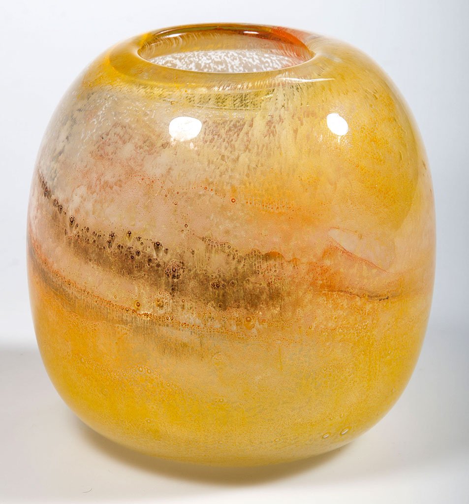 KIMBLE CLUTHRA ART GLASS VASE: KIMBLE CLUTHRA ART GLASS VASE, colorless with mottled yellow, orange, black, and opal cloud-like decoration, shape 1995, signed and numbered inside the polished pontil mark. Vineland Flint Glass Works