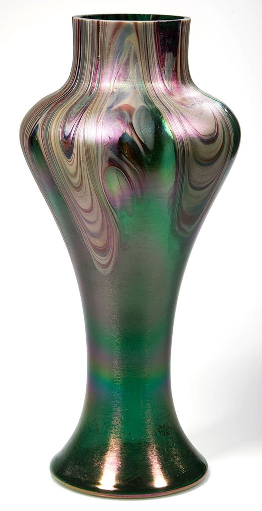 LOETZ-TYPE BOHEMIAN VASE: LOETZ-TYPE BOHEMIAN VASE, green iridescent with draped feather-like decoration suspended from rim, high-shoulder form with polished rim. Probably Rindskopf. Circa 1900. 12" H.