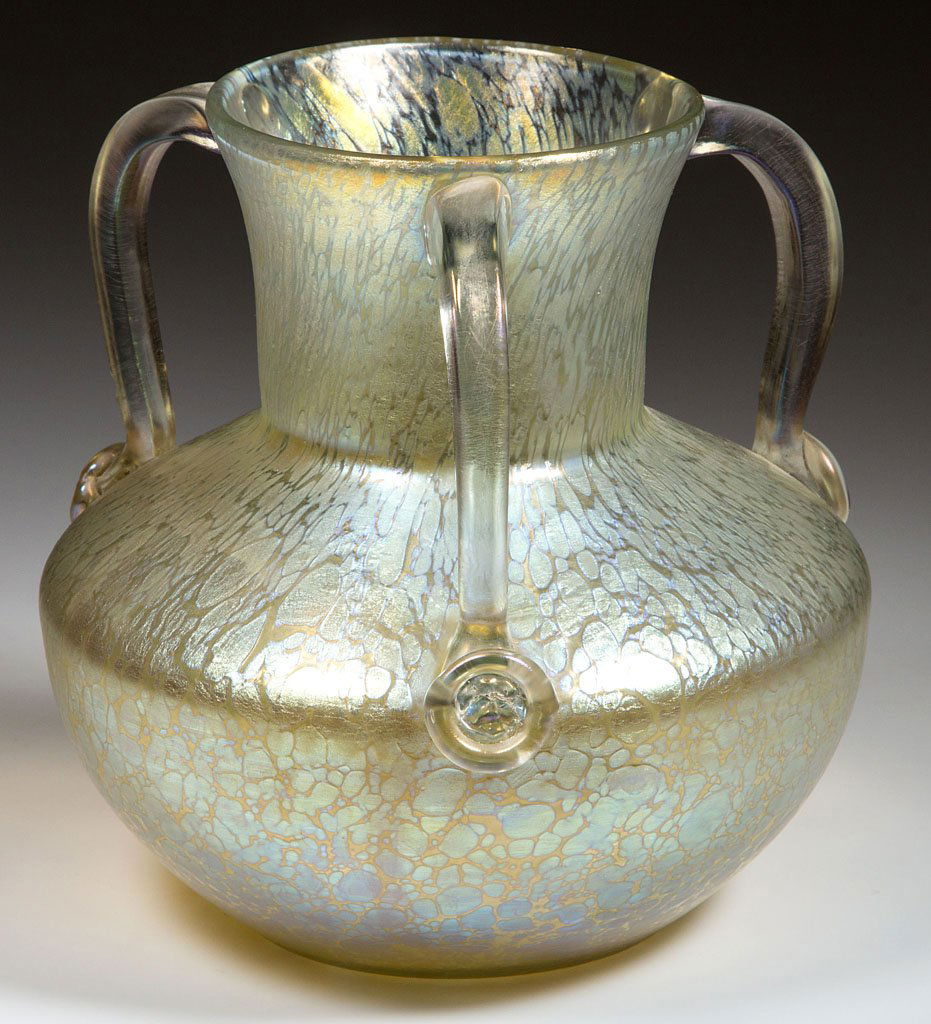 LOETZ PAPILLION VASE: LOETZ PAPILLION VASE, Candia, wide-shoulder form with three applied handles, each with a prunt on lower terminal, polished pontil mark. Circa 1898. 5 1/2" H. Provenance: From a Northern Virginia priva