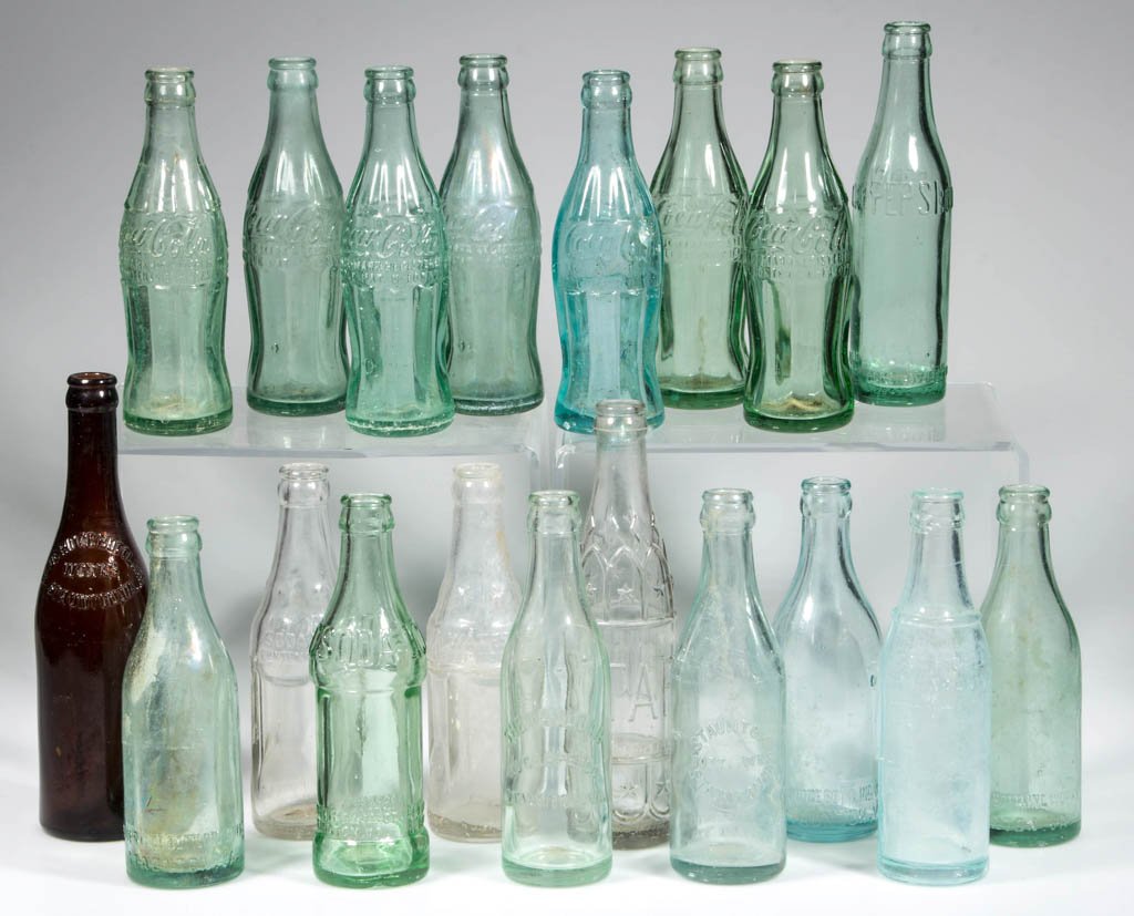 VIRGINIA COCA-COLA, PEPSI-COLA, AND OTHER SODA BOTTLES,: VIRGINIA COCA-COLA, PEPSI-COLA, AND OTHER SODA BOTTLES, LOT OF 19, amber, aqua, light green, and colorless, including Shenandoah NuGrape Staunton, Virginia; Blue Ridge Bottling Works; Pepsi-Cola Staun