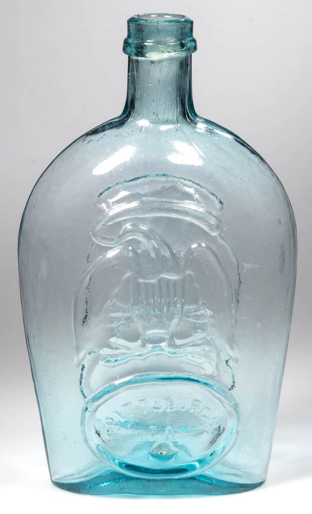 GII-104 VARIANT EAGLE PICTORIAL FLASK: GII-104 VARIANT EAGLE PICTORIAL FLASK, unlisted strong aquamarine, quart, eagle without wing ribs on both sides, embossed "PITTSBURGH / PA" in reserve, applied mouth with lower ring, plain base. "PA" 
