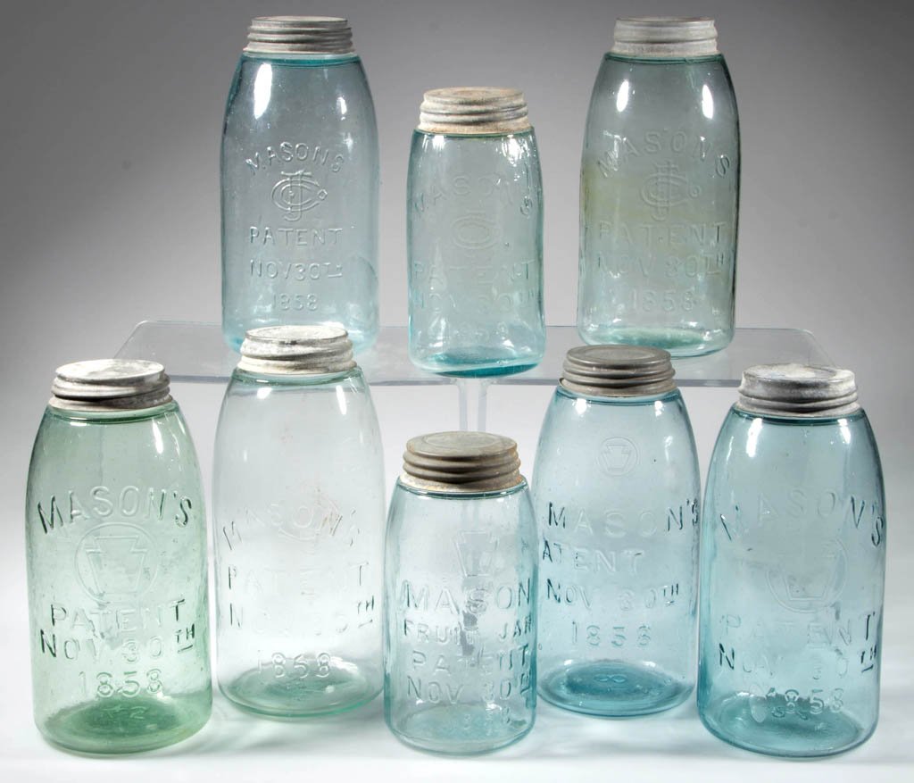ASSORTED MASON'S PATENT NOV. 30TH 1858 FRUIT JARS, LOT: ASSORTED MASON'S PATENT NOV. 30TH 1858 FRUIT JARS, LOT OF EIGHT, aquamarine and light green, comprising C.F.J. Co. and keystone examples, with zinc tops. Second half 19th century to first quarter 20th