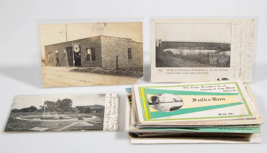 ASSORTED VIRGINIA SCENIC AND OTHER POST CARDS AND: ASSORTED VIRGINIA SCENIC AND OTHER POST CARDS AND EPHEMERA, approximately 39, including an unidentified real photo post card of a Texaco filling station with gas pump and signs, stamped with a Blakemo