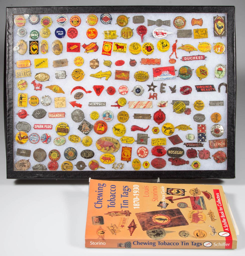 ASSORTED TIN TOBACCO TAGS, APPROXIMATELY 160: ASSORTED TIN TOBACCO TAGS, APPROXIMATELY 160, lithographed and embossed, all different, including "What Knox", "Natural Beauty", Sledge Hammer", "Golden Slipper", "Stonewall" (Jackson), "Stars and Bar