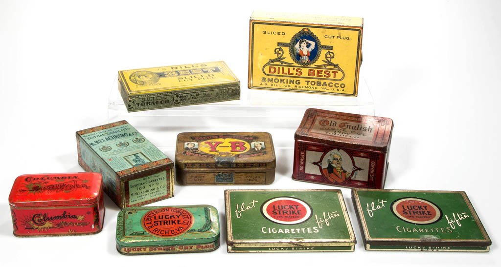 ASSORTED TOBACCO ADVERTISING TINS, LOT OF NINE: ASSORTED TOBACCO ADVERTISING TINS, LOT OF NINE, comprising Melachrino cigarettes, Yocum Brothers cigars, Dill's Best, Columbia, Old English, and Lucky Strike. Late 19th/first half 20th century. Variou