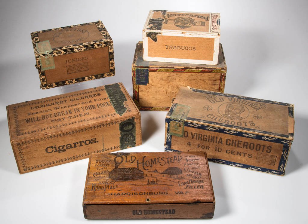 ASSORTED COUNTRY STORE CIGAR BOXES, LOT OF SIX: ASSORTED COUNTRY STORE CIGAR BOXES, LOT OF SIX, including Old Homestead, Harrisonburg, VA and Old Virginia Cheroots. Late 19th/first quarter 20th century. Homestead 5 1/4" x 9". Provenance: From the c