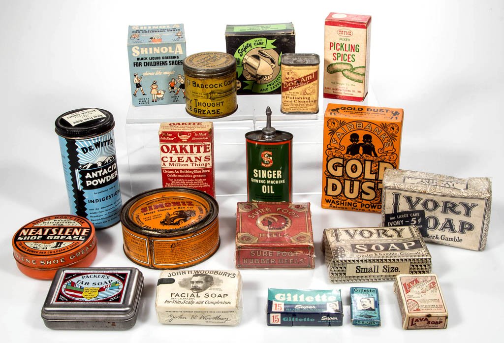 ASSORTED COUNTY STORE AND ADVERTISING ITEMS, LOT OF 19: ASSORTED COUNTY STORE AND ADVERTISING ITEMS, LOT OF 19, including soap, grease, Singer sewing machine oil, etc. 20th century. Various sizes. Provenance: From the collection of Janet and the late Micha