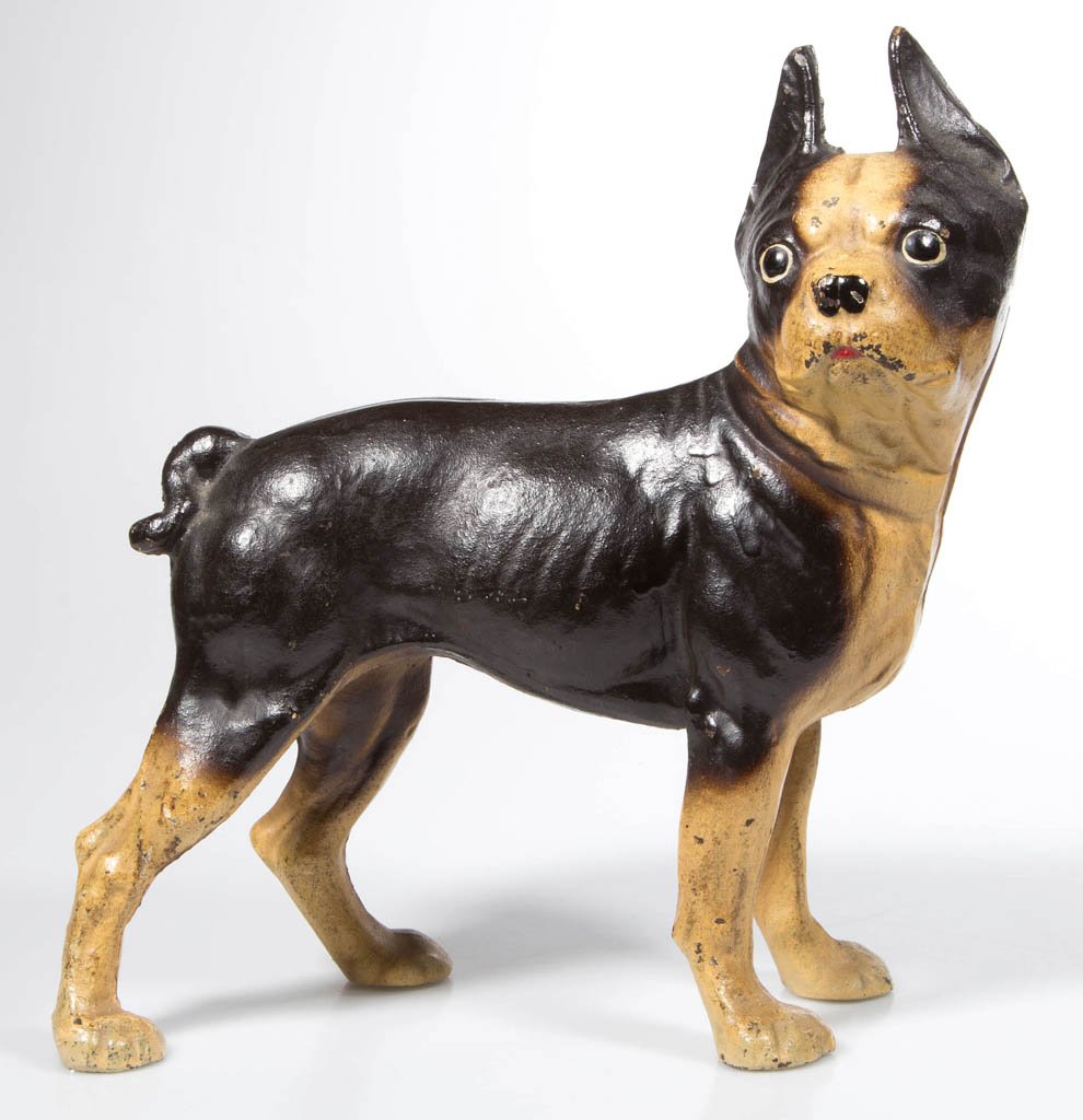 BOSTON TERRIER - FACING RIGHT CAST-IRON DOORSTOP: BOSTON TERRIER - FACING RIGHT CAST-IRON DOORSTOP, full, hollow figure, with excellent original paint. Made by Hubley, Albany, National Founderies, and others. First half 20th century. 9 7/8" H, 9" L. 