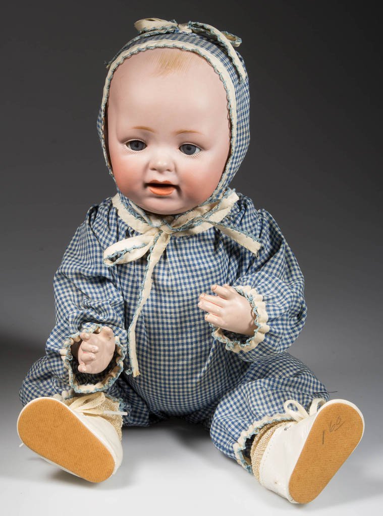 J. D. KESTNER BISQUE-HEAD BOY CHARACTER TODDLER DOLL: J. D. KESTNER BISQUE-HEAD BOY CHARACTER TODDLER DOLL, socket head incised "J. D. K. / 12 / Made in 18 Germany / A"12 A" / "151", light brush-painted greenish/blonde hair, blue sleepy eyes, painted eye