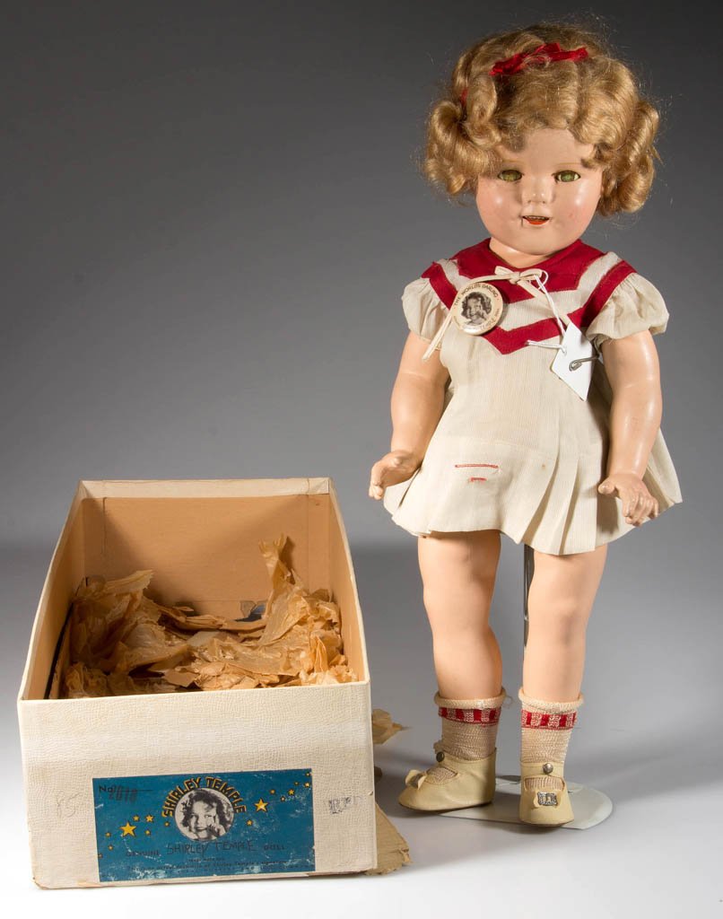 IDEAL NOVELTY & TOY CO.'S SHIRLEY TEMPLE COMPOSITION: IDEAL NOVELTY & TOY CO.'S SHIRLEY TEMPLE COMPOSITION DOLL, blond curly wig, painted eyebrows, green sleepy eyes with eyelashes to upper lids, open mouth with teeth, original ball-jointed body. Origina