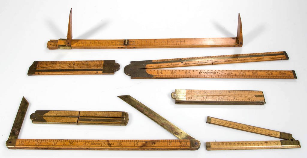 ASSORTED ANTIQUE FOLDING RULES / MEASURERS, LOT OF: ASSORTED ANTIQUE FOLDING RULES / MEASURERS, LOT OF SEVEN, boxwood and brass, comprising Stanley #84, Stanley #36 1/2, Stanley #32 1/2, Belcher Bros. & Co. shoe sizer, Lufkin #42, and two Preston & Son