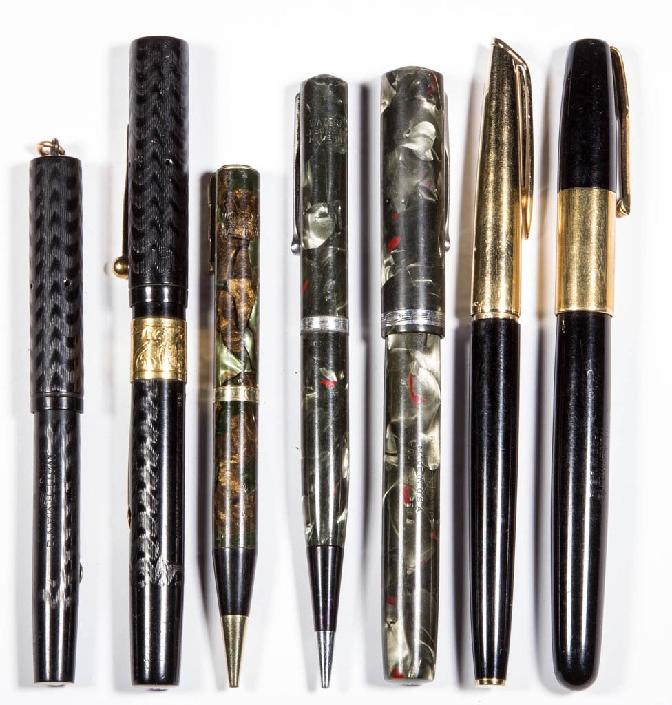 VINTAGE WATERMAN FOUNTAIN PENS AND MECHANICAL PENCILS,: VINTAGE WATERMAN FOUNTAIN PENS AND MECHANICAL PENCILS, LOT OF SEVEN, including one set, one with 14KT gold nib, and two Ideal. 20th century. 4 1/4" to 5 1/4" L. Provenance: From a Pittsburgh, PA area