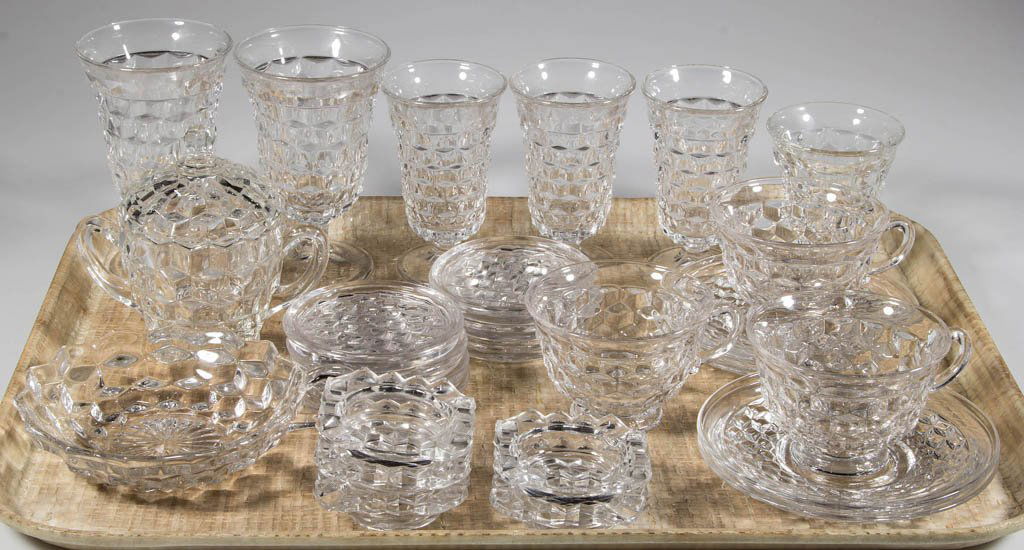 FOSTORIA AMERICAN ARTICLES, LOT OF 37: FOSTORIA AMERICAN ARTICLES, LOT OF 37, colorless, comprising ten sherbets, seven coasters, five ashtrays, four saucers, three punch cups, three juice glasses, two low water goblets, a covered sugar, f