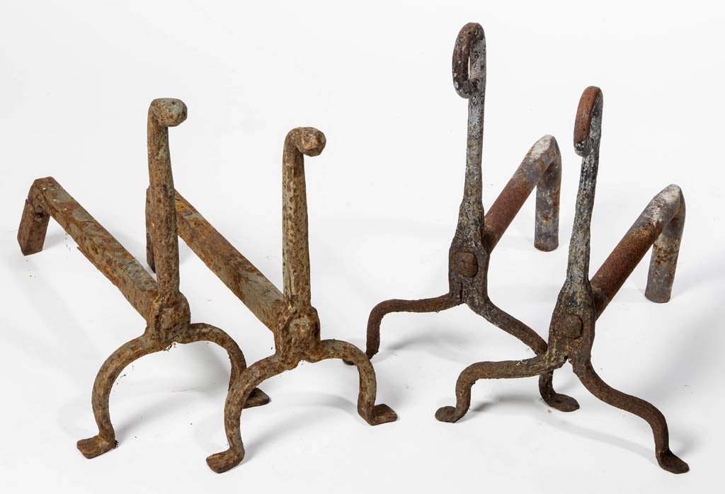 SHENANDOAH VALLEY OF VIRGINIA WROUGHT-IRON HEARTH: SHENANDOAH VALLEY OF VIRGINIA WROUGHT-IRON HEARTH ANDIRONS, TWO PAIR, comprising a pair with flattened to circular shaft terminating in an upper loop; and remaining examples with circular shaft and li