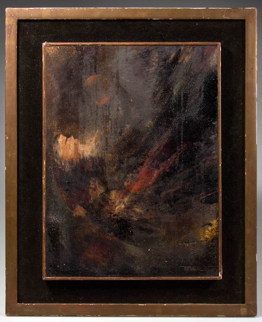 LEONARDO NIERMAN (MEXICO, B. 1932) ABSTRACT PAINTING: LEONARDO NIERMAN (MEXICO, B. 1932) ABSTRACT PAINTING, oil on masonite, a striking composition, titled "Comet" and signed lower right. Label verso for the B. Lewin Gallery in Palm Springs with title an