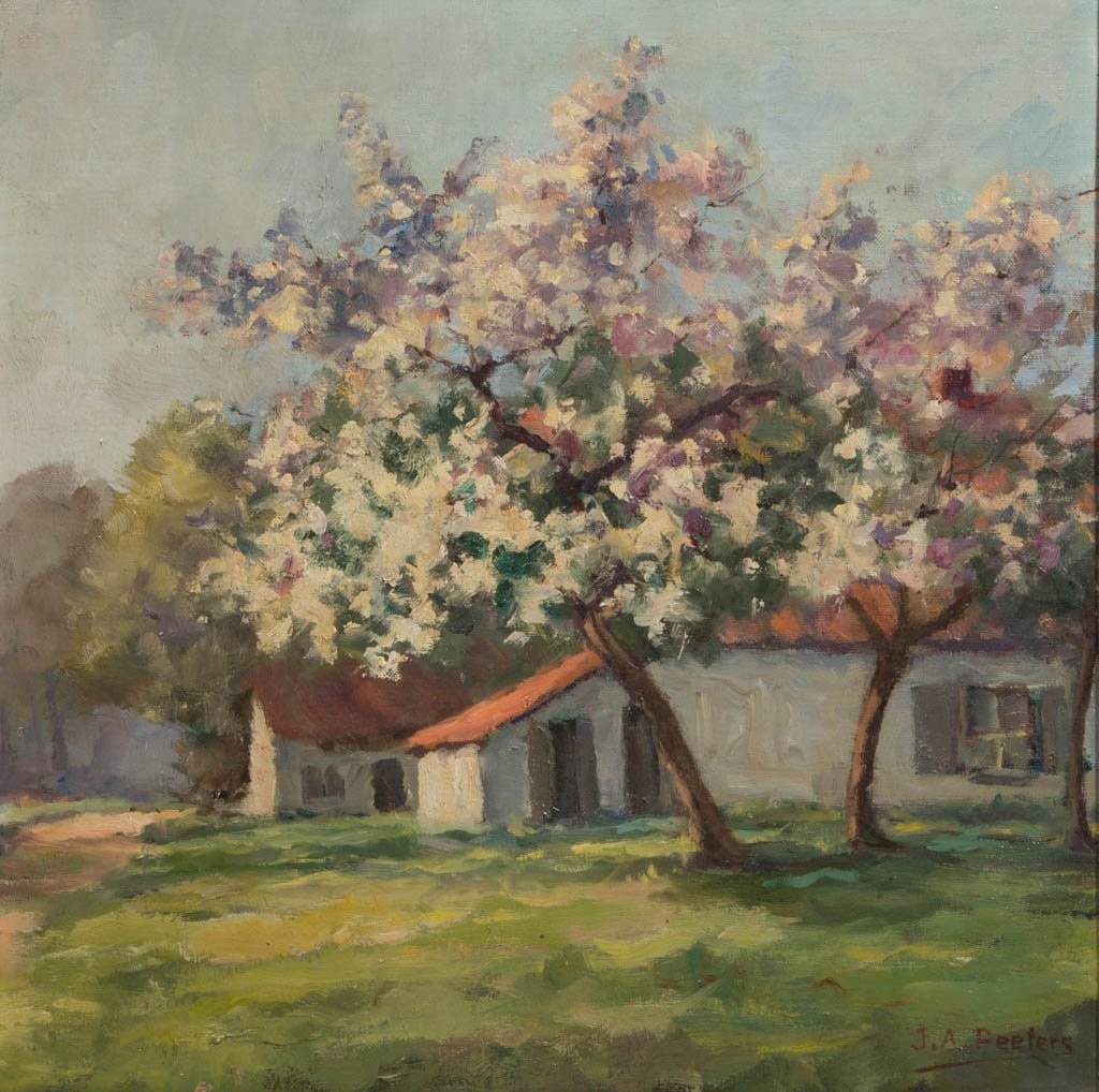 EUROPEAN SCHOOL (LATE 19TH/EARLY 20TH CENTURY): EUROPEAN SCHOOL (LATE 19TH/EARLY 20TH CENTURY) LANDSCAPE PAINTING, oil on canvas, a beautiful example depicting flowering trees outside a farm house. Signed "J. A. Peeters" lower right. Housed in old 