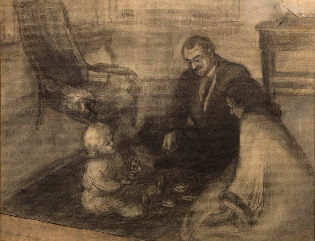 ADELE CLARK (ALABAMA / VIRGINIA, 1887-1983),: ADELE CLARK (ALABAMA / VIRGINIA, 1887-1983), ATTRIBUTED, SENTIMENTAL PAINTING, charcoal on paper, a charming work with label inscribed "Tea Party with Uncle Teddy / Adele Clark" verso. Matted under gl