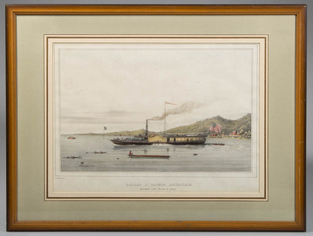 FELIX ACHILLE SAINT-AULAIRE (FRENCH, 19TH CENTURY) OHIO: FELIX ACHILLE SAINT-AULAIRE (FRENCH, 19TH CENTURY) OHIO RIVER STEAMBOAT PRINT, hand-colored lithograph on paper, a fine example, titled "Bateau a Vapeur Americain / descendant L'Ohio. Vu par le traver