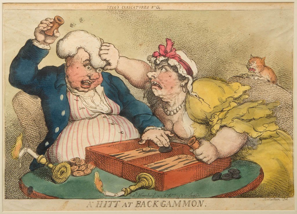 THOMAS ROWLANDSON (BRITISH, 1756-1827) SATIRICAL PRINT: THOMAS ROWLANDSON (BRITISH, 1756-1827) SATIRICAL PRINT, the vividly-colored example titled " A Hitt at Backgammon". Matted under glass in a modern frame. Early 19th century. 9 1/4" x 13" sight, 15 3/4