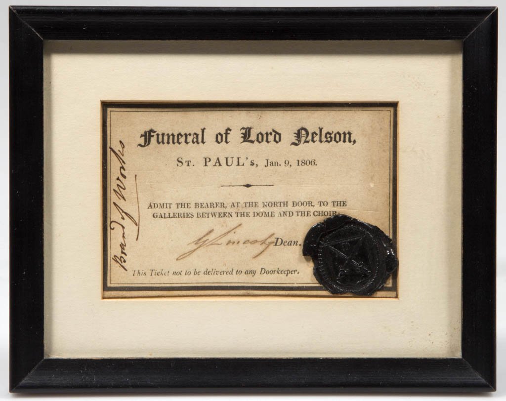 RARE PRINTED LORD NELSON FUNERAL INVITATION TICKET: RARE PRINTED LORD NELSON FUNERAL INVITATION TICKET, a printed form for the "Funeral of Lord Nelson / St. Paul's, Jan. 9, 1806" containing period signature, inscription, and original wax seal. Matted u