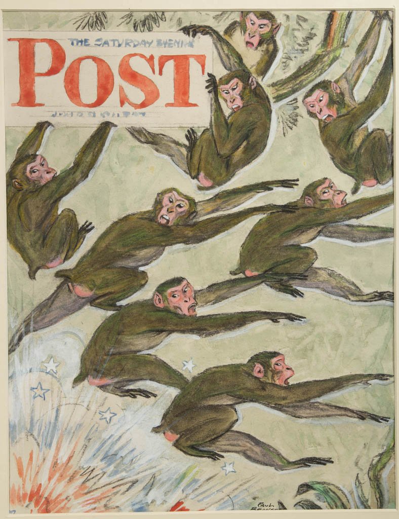 PAUL BRANSOM (AMERICAN, 1885-1979) SATURDAY EVENING: PAUL BRANSOM (AMERICAN, 1885-1979) SATURDAY EVENING POST COVER ILLUSTRATION, watercolor, gouache, and charcoal on paper, an energetic composition of monkeys fleeing an explosion. Signed at bottom. Mat