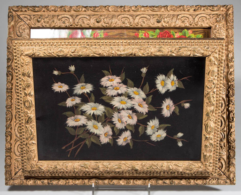 VICTORIAN MUSIC / MAGAZINE WALL RACK: VICTORIAN MUSIC / MAGAZINE WALL RACK, fold-down front with oil on tin painting of daisies, wood and gesso frames with original paint. Fourth quarter 19th century. 16" x 20" OA. Provenance: Property of